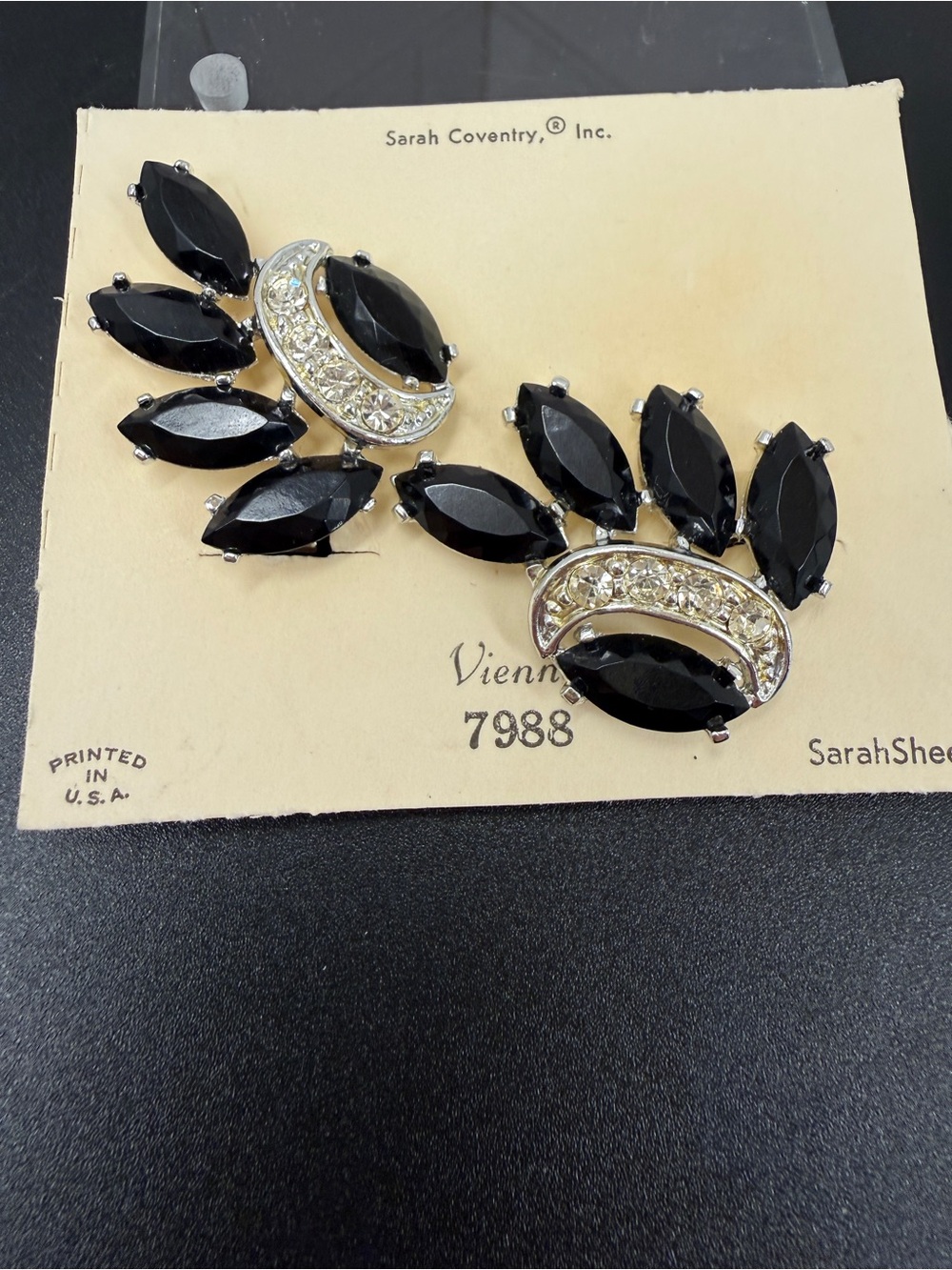Sarah Coventry Black and Clear Marquise & Crescent Clip Earrings